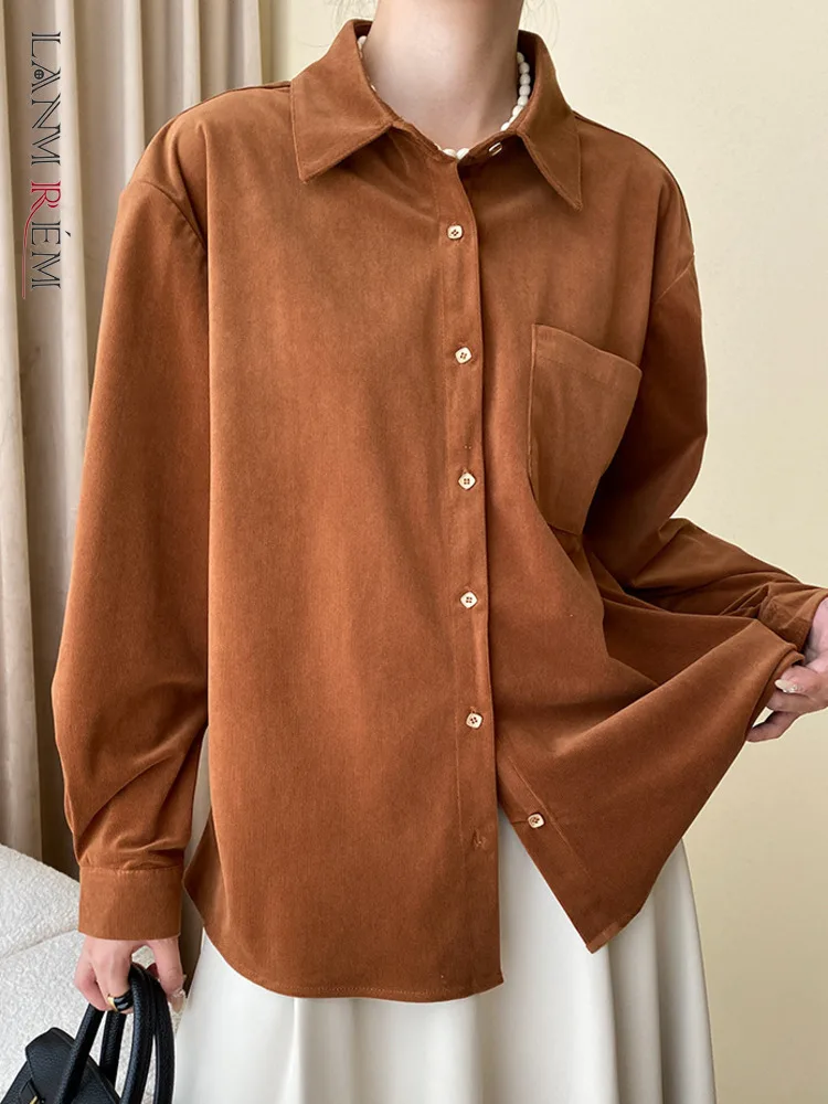 

[LANMREM] 2024 Spring New Corduroy Shirts For Women Lapel Single Breasted Long Sleeve Vintage Blouses Female Tops 26D7299