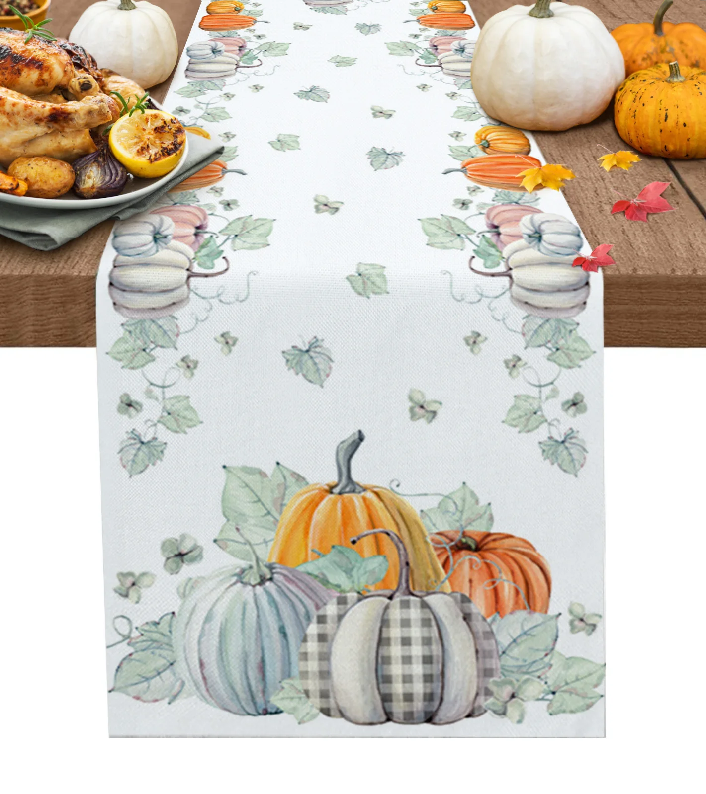 

Thanksgiving Fall Pumpkin Maple Leaf White Table Runner Kitchen Dining Table Decor Tablecloth Wedding Holiday Decor Table Runner