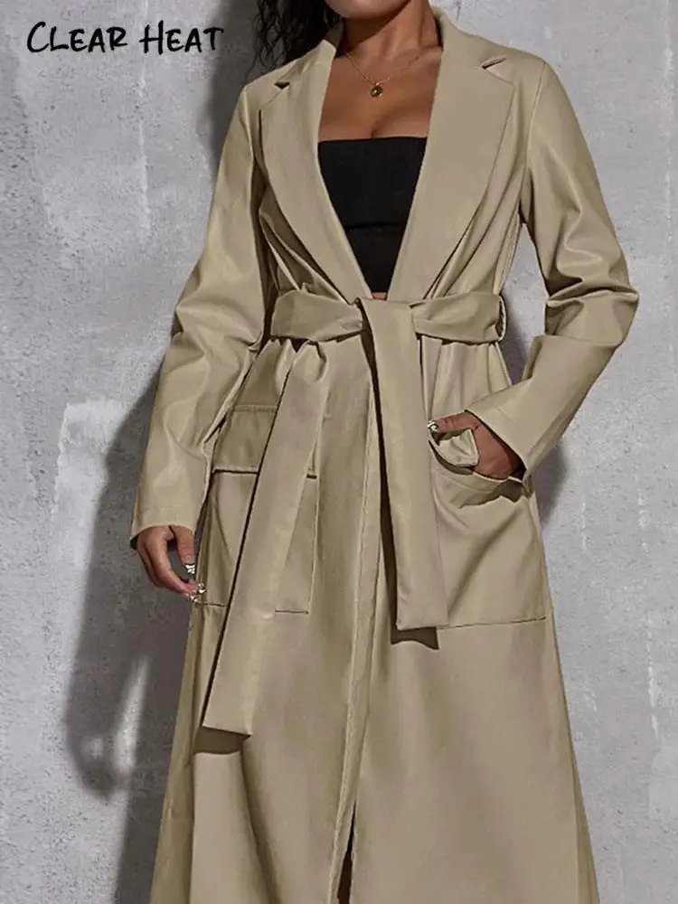 

Женский элегантный длинный кожаный Тренч с лацканами и поясом, весенние новые женские модные однотонные уличные пальто, женская повседневная верхняя одежда
