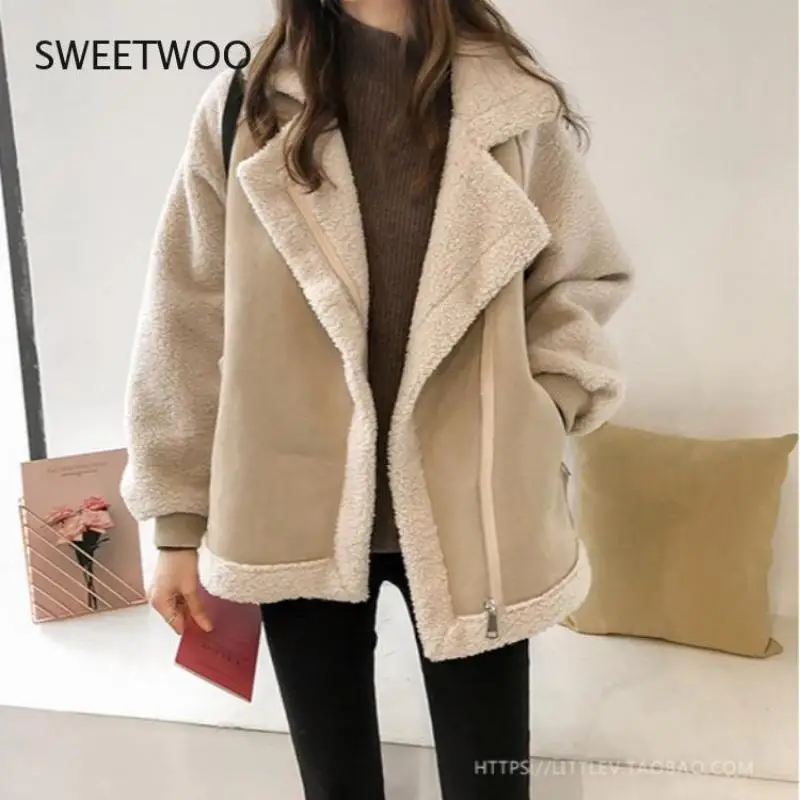 New Women Winter Faux Fur Suede Jackets Coat Thicken Warm Lambs Wool Teddy Coats Ladies Loose Oversized Outwear Tops 2022