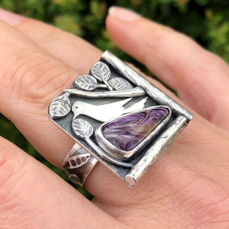 

Vintage Personality Fashion Purple Zirconia Hummingbird Square Ring for Women Niche Design Light Luxury Party Jewelry Gift