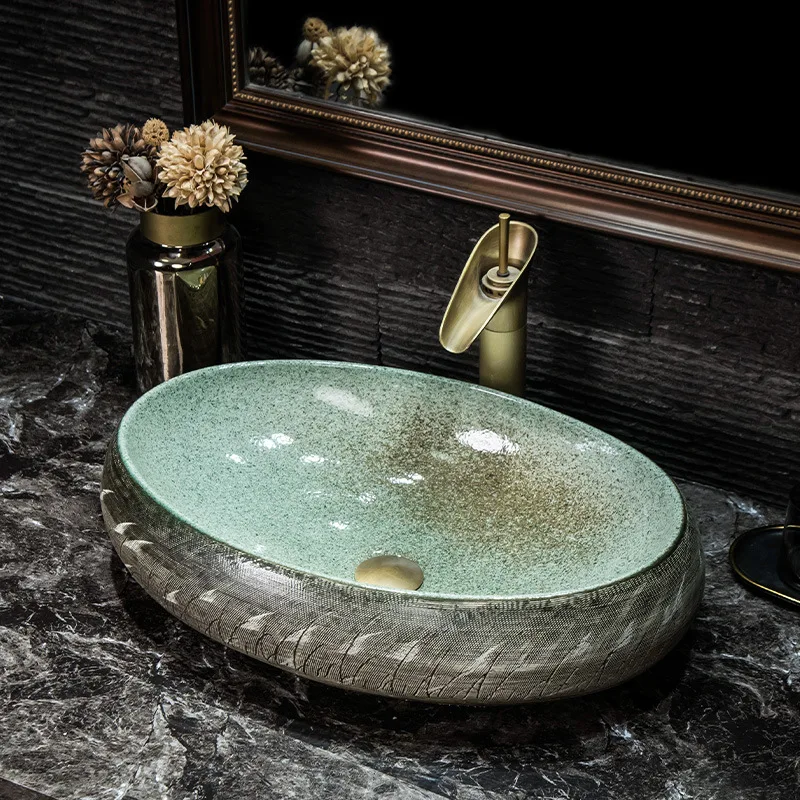 

Керамическая художественная раковина для ванной комнаты SinkCeramic, раковина в европейском стиле для балкона, раковина для ванной, овальная раковина для дома
