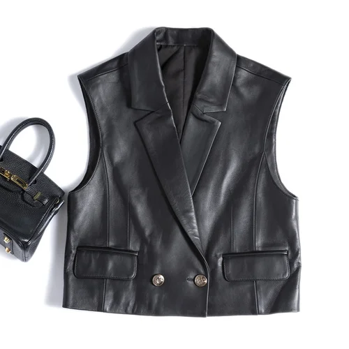 

Genuine Leather Jacket Women 22 Spring New Women's Elegant Sheepskin Outfits Casual Vest Women's Loose Sleeveless Vest