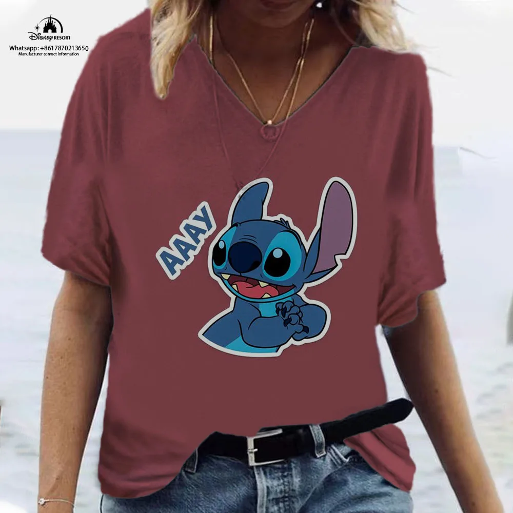 

Stitch Cartoon Women's Summer 2023 New Sexy Disney Brand Print Fashion Casual Ladies Short Sleeve V Neck T-Shirt Y2K
