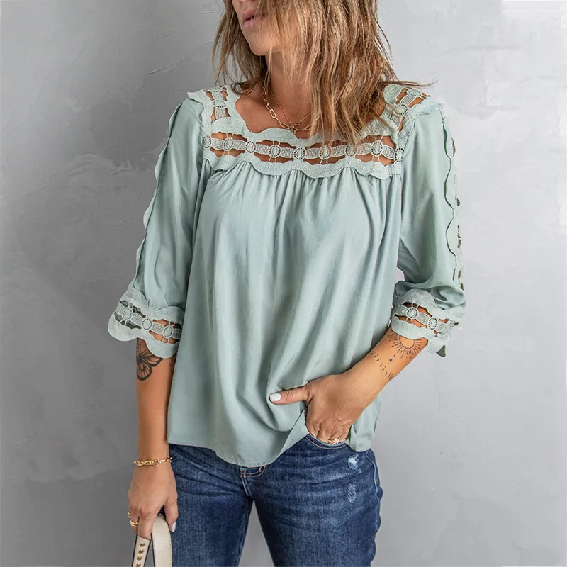 

Women Clothes T-shirts Summer Splicing Long Sleeves Top Tee 2023 New Solid Color Ladies Female louse White lack Pink Green