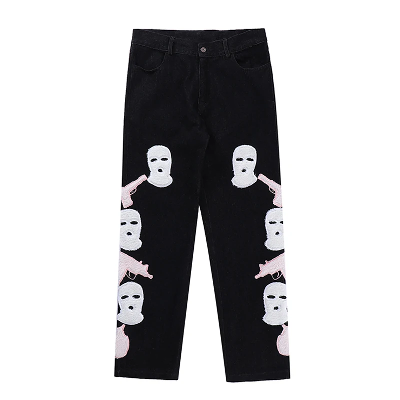 Urban Streetwear Baggy Y2k Jeans Men Skull Furry Embroidered Denim Pants Straight Leg Loose Trousers Women High Street Hip Hop