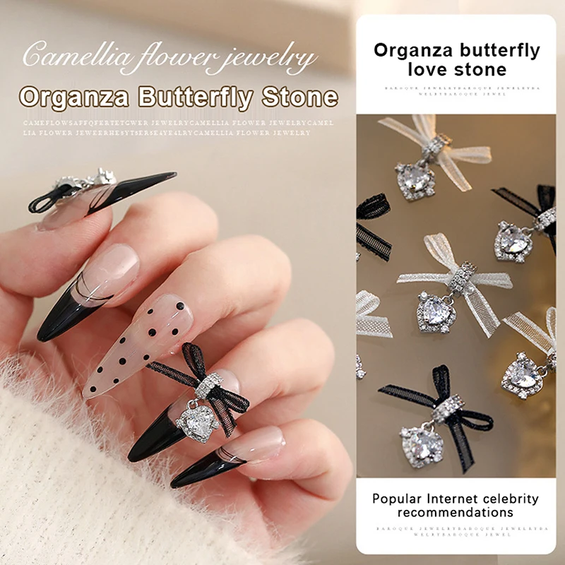 Сердца циркон бриллиант белая и черная органза лук 3D сетка кружевная лента Типсы