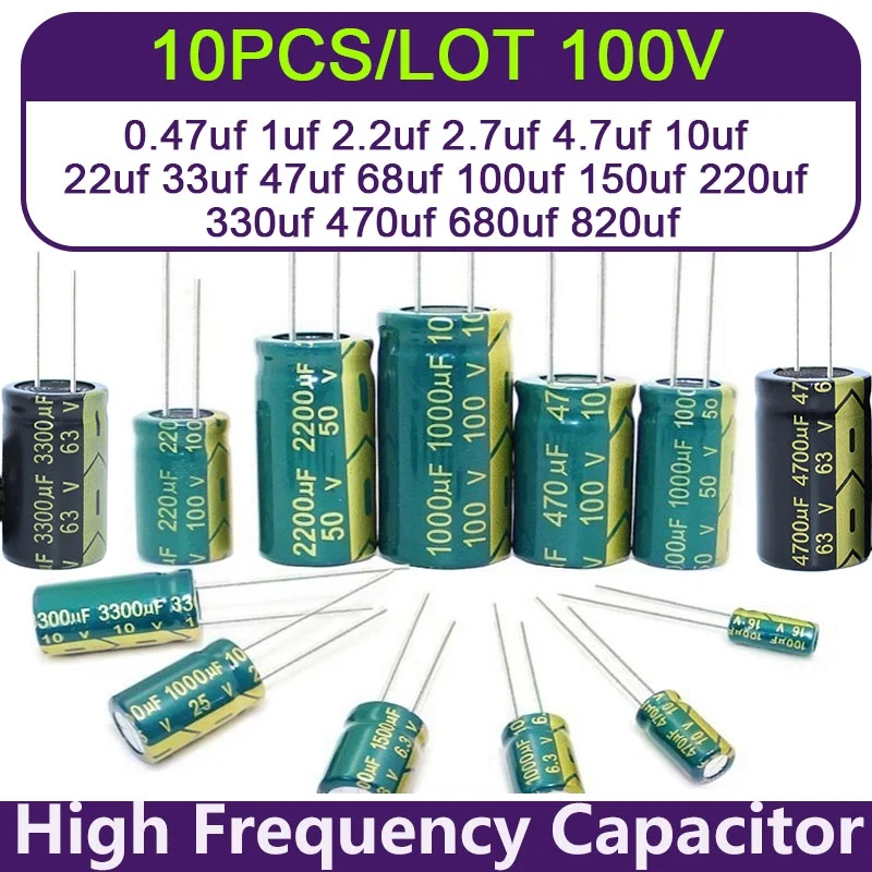 

10PCS 100V Aluminum Electrolytic Capacitor 1uf 2.2uf 2.7uf 4.7uf 10uf 22uf 33uf 47uf 68uf 100uf 150uf 220uf 330uf 470uf 680uf