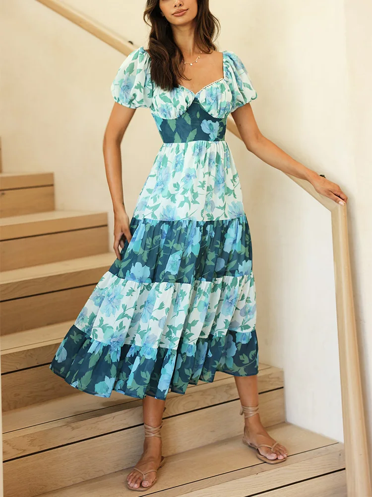 

Beach Summer Dress For Women 2022 Elegant Short Puff Sleeve Tiered Floral Dress Sweetheart Neck Sexy Open Back Tie Midi Dress