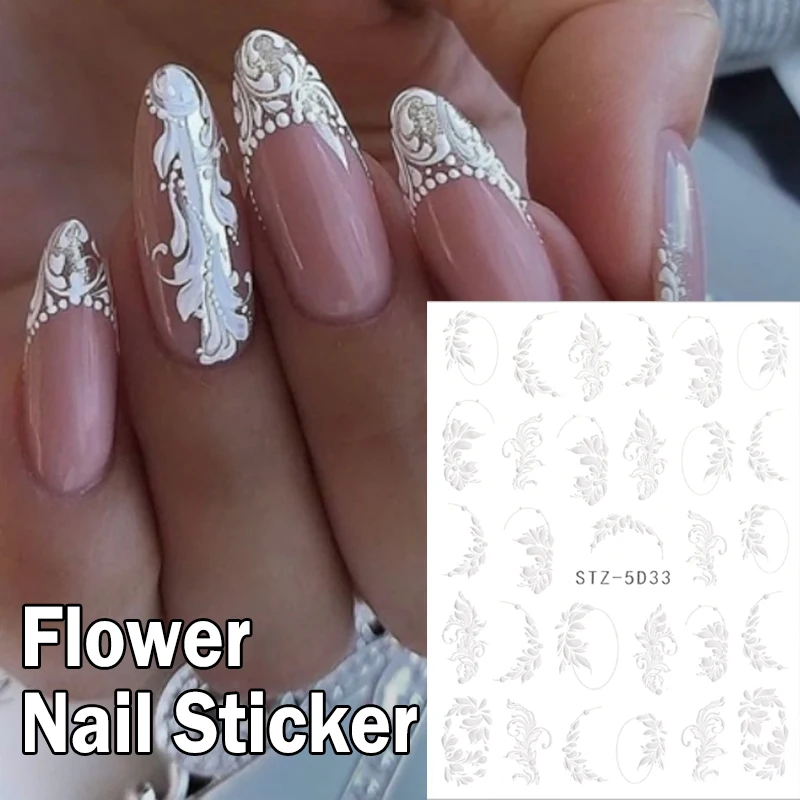 

5D White Embossed Flower Nail Sticker Winter Engraved Butterfly Line Design Adhesive Slider Decal Manicure Decoration Sticker