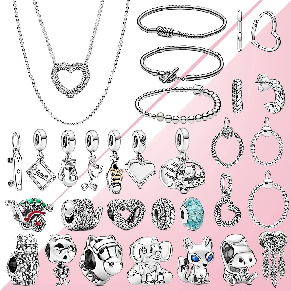 

2020 Autumn 925 Silver Fluffy Llama Skeleton Girl Traditional Rickshaw Charm Clip T-Bar Snake Chain Bracelet Heart Necklace