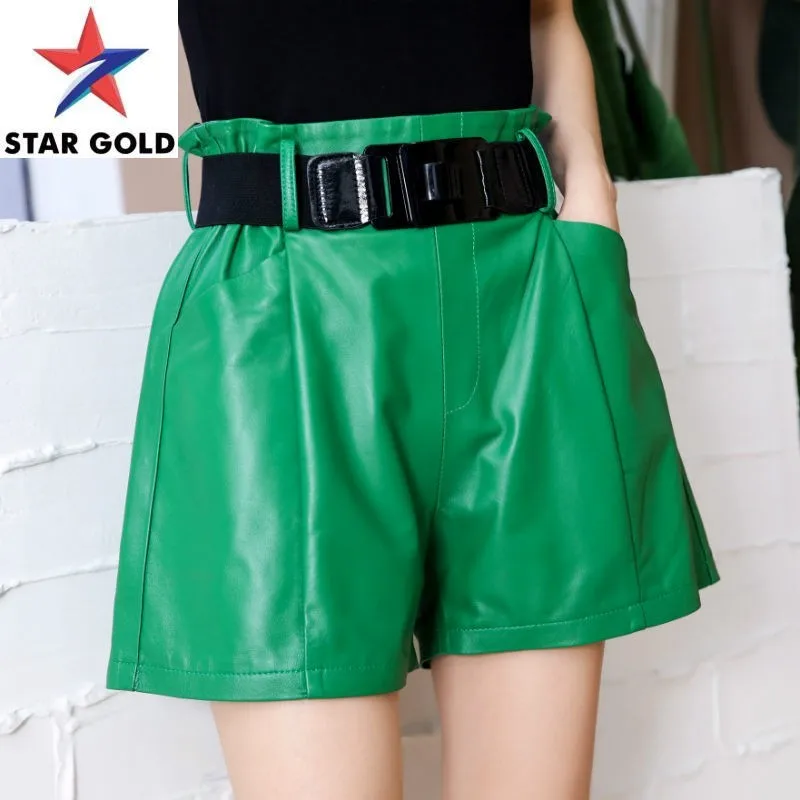 Women Wide New Leg Fashion Multicolor Casual Sashes High Waist Loose Genuine Leather Shorts Female Bikers Mini Trousers