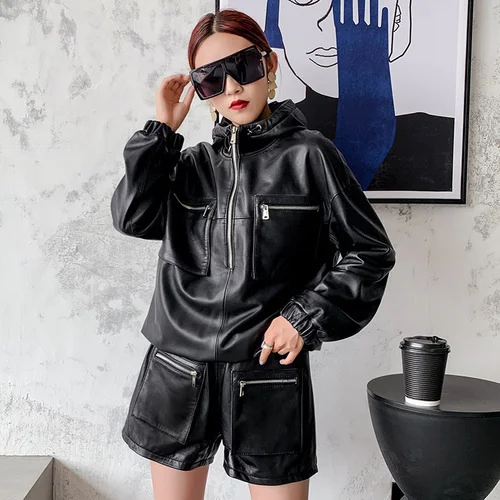 Luxury brand Real Top Autumn Genuine Leather Jackets for Women Black Jacket High Street Hooded Pullover Jaqueta Feminina SGG