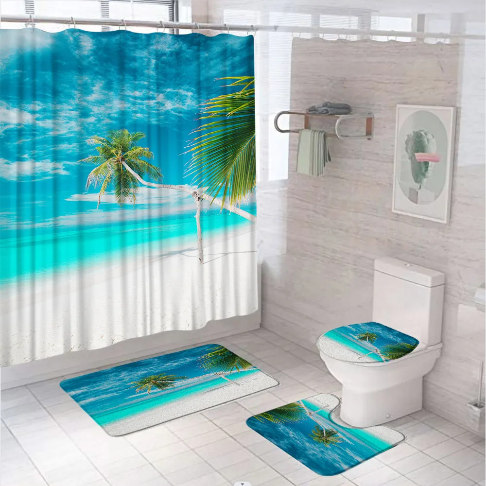 

Летний семейный набор занавесок для душа, нескользящий чехол, коврик для ванной, тропический морской пейзаж, занавески для ванной с пальмами