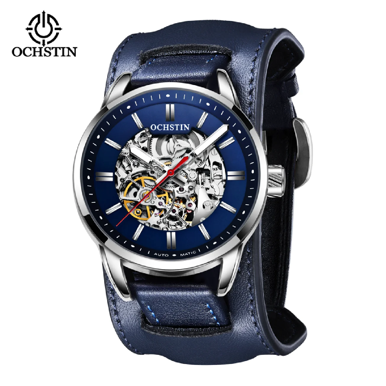 

OCHSTIN New Wrist Pad Mechanical Watches Blue Leather Strap Men's Automatic Wristwatches Top Brand Luxury Transparent Male Clock