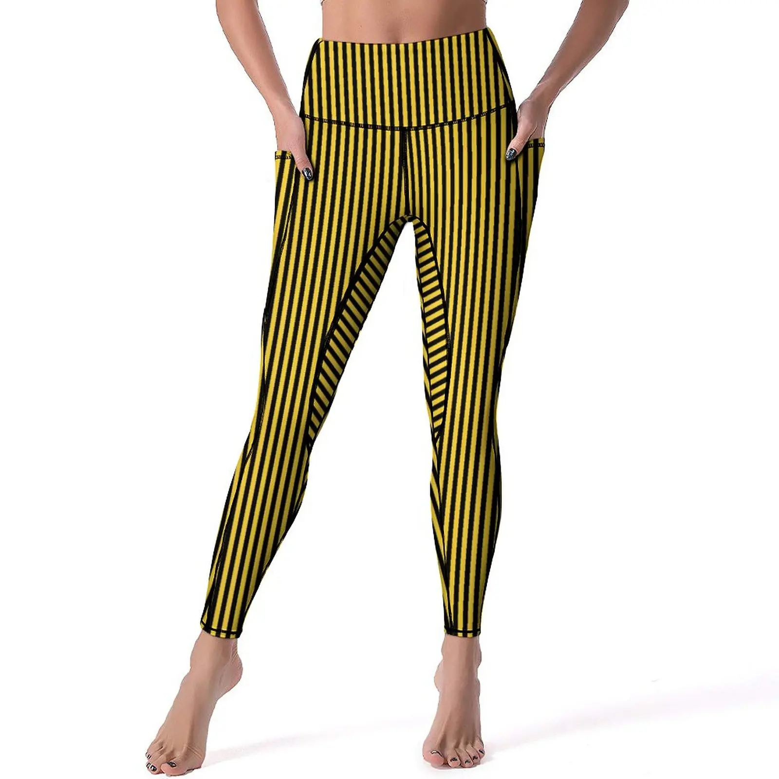 

Nautical Stripe Leggings Sexy Yellow and Black High Waist Yoga Pants Cute Quick-Dry Leggins Lady Graphic Fitness Sports Tights