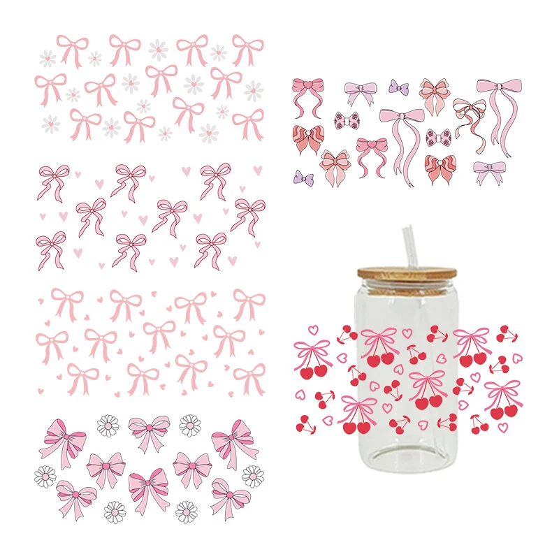 3D УФ-переносные наклейки DTF обертывания для чашек 16 унций мультяшный бант с