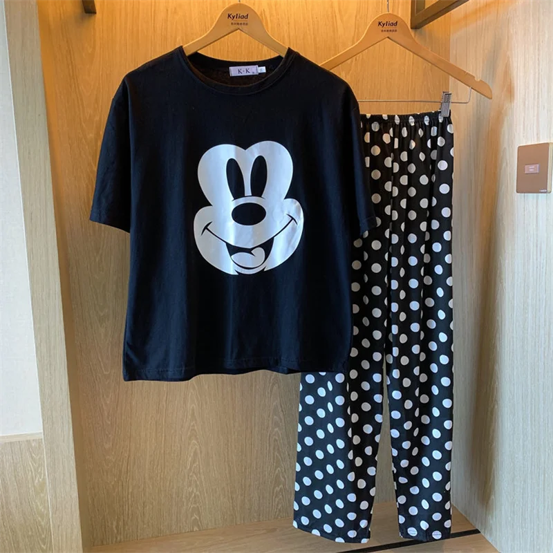 Disney Casual Mickey Pajamas Set Woman Short Sleeve Black Tops and Polka Dot Pants Fashion Homewear Women Set Summer 2022 New