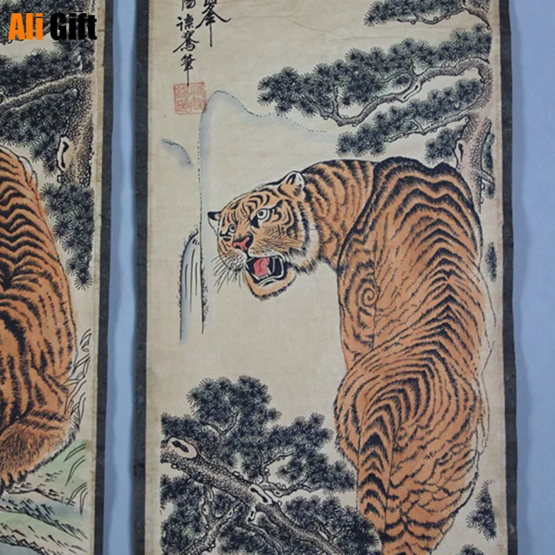 Китайские живописные каллиграфические картины на старой бумаге с изображением тигра и четырех карт, декор для эстетического оформления комнаты.