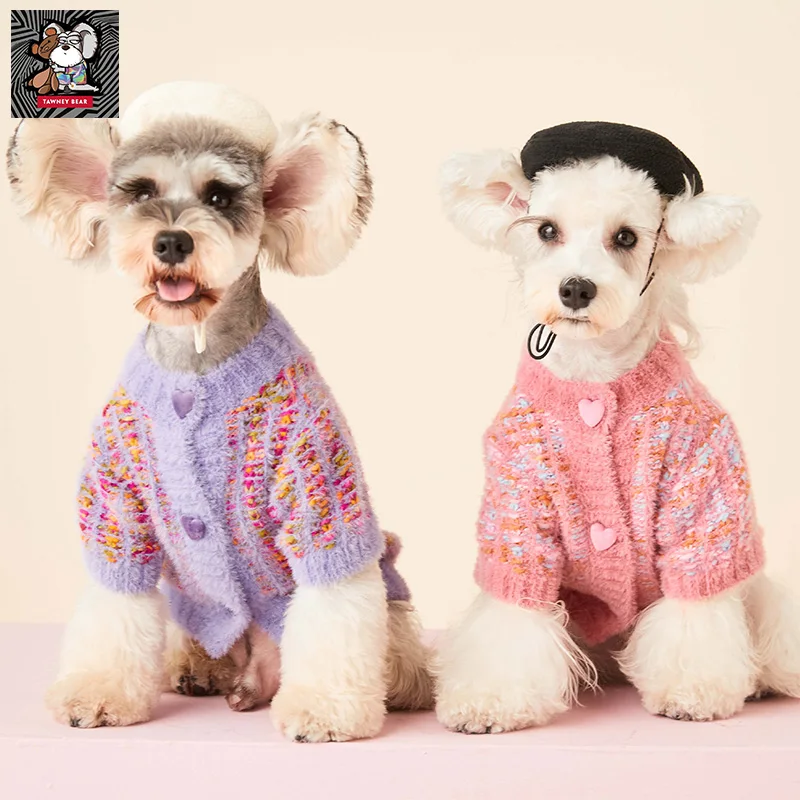 

TawneyBear Fall Winter Pet Cardigan Sweater Fleece Warm Knitted Clothes Jumper for Schnauzer Bichon French Bulldog, Pink, Purple