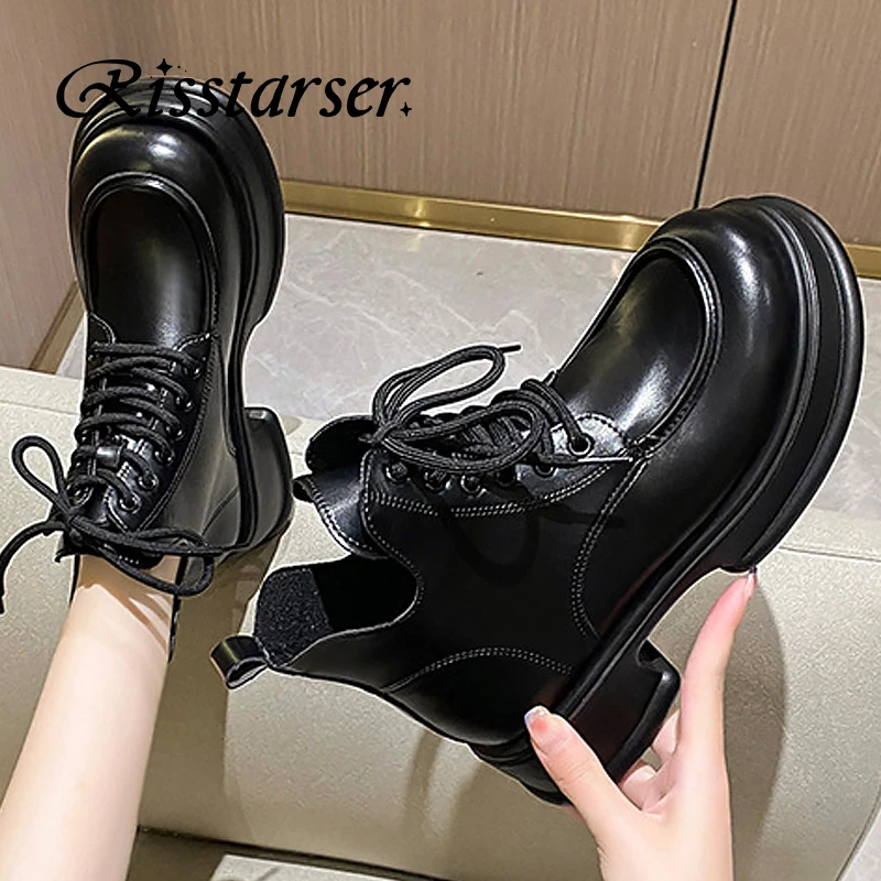 Risstarser Women Ankle Boots PU Leather Female Platform Shoes Round Toe Lace-up Women Short Boot Solid Retro Women Boots