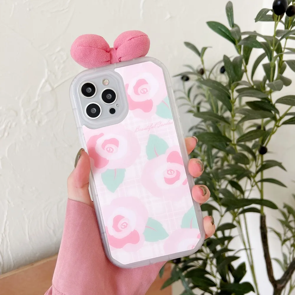 

Pink Rose Pattern With Bow Case For iphone 13ProMax 13Pro 13 11ProMax 11 12Pro 12 XS X XR XSMAX 7 8Plus Soft shell