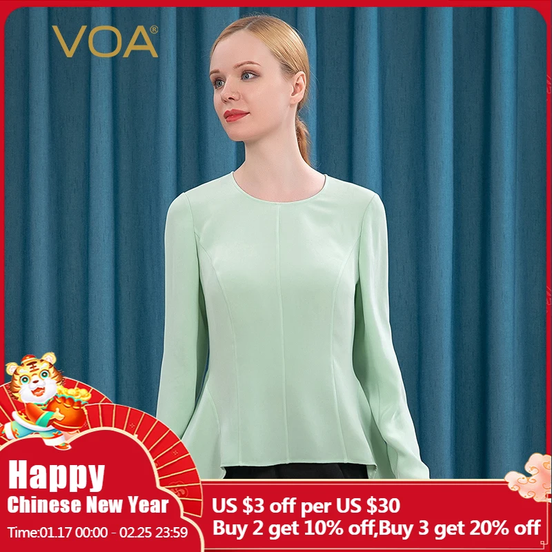 

VOA Fashion Dovetail Edges on Both Sides Women Silk Tshirts Autumn O-neck Long Sleeve Solid Color Office Lady Tops Female BE202