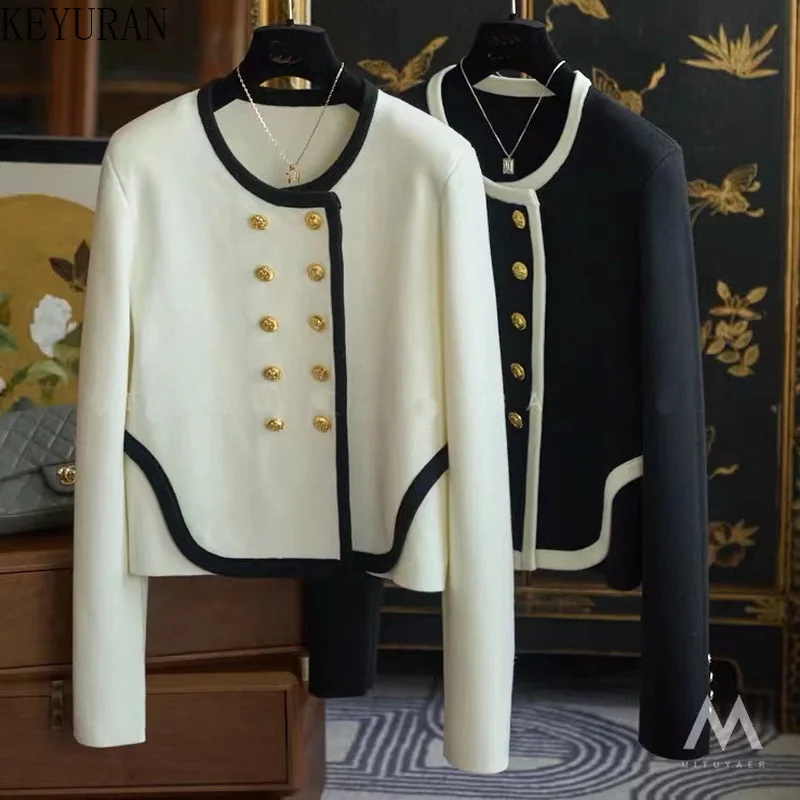 

2022 New Women Fashion White Cardigan Women Knitted Jacket Spring Autumn Vintage Black Double-breasted Crop Top Sweater Coat