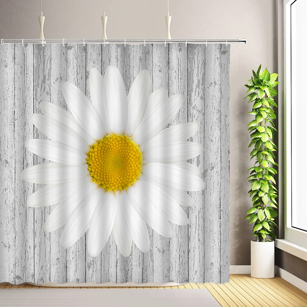 

Rustic Daisy Flowers Shower Curtain Floral Butterfly Country Barn Wooden Board Bath Curtains Fabric Bathroom Decor with Hooks