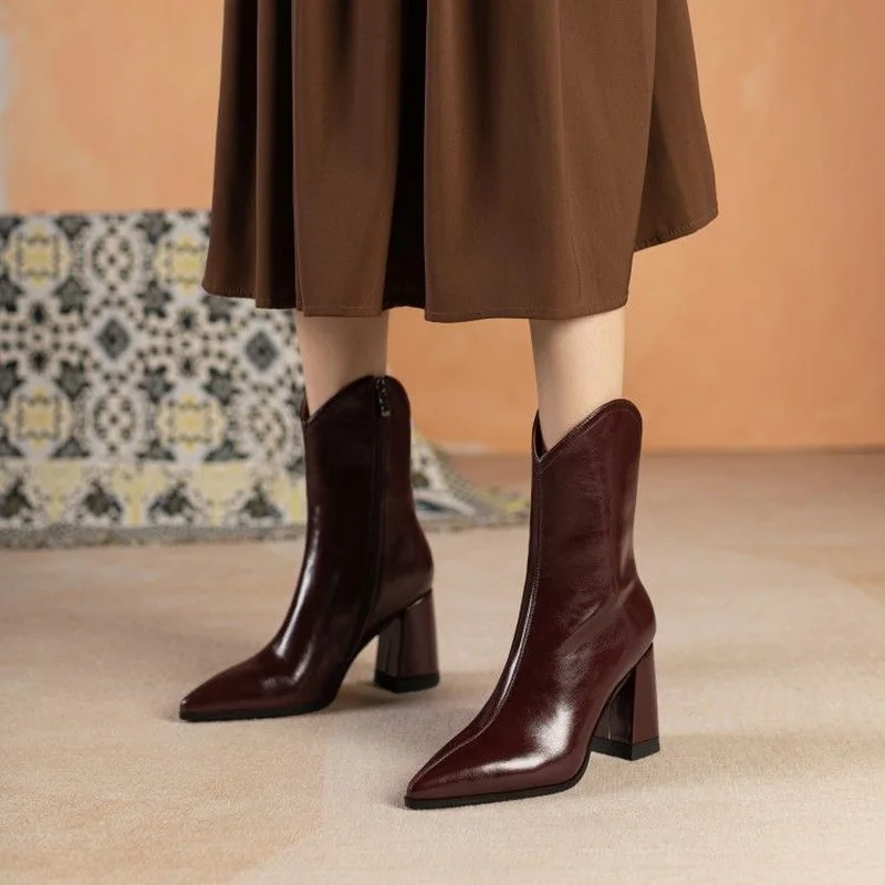 

Женские короткие ботинки FHANCHU, модная осенне-зимняя обувь, ботильоны на высоком каблуке, с острым носком, с боковой молнией, черные, коричневые, бежевые, Прямая поставка