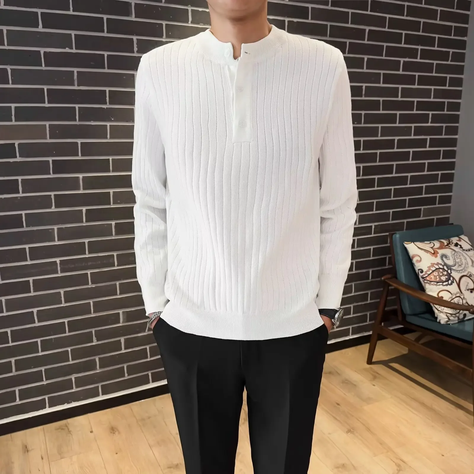 Повседневный вязаный Топ мужской белый свитер свободного кроя с длинным рукавом