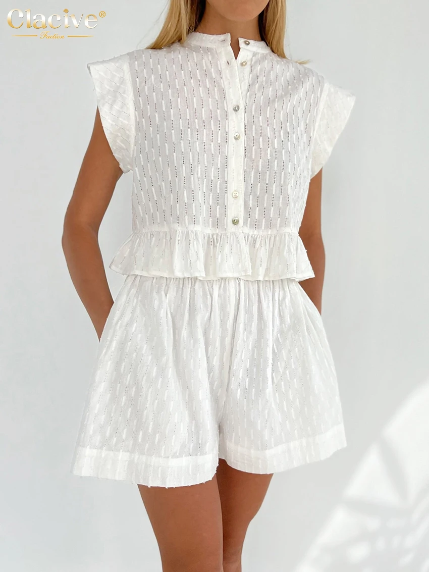 

Clacive Casual Sleeveless Tank Top Set Woman 2 Pieces Summer White High Waist Hot Shorts Set Elegant Vacation Suits With Shorts