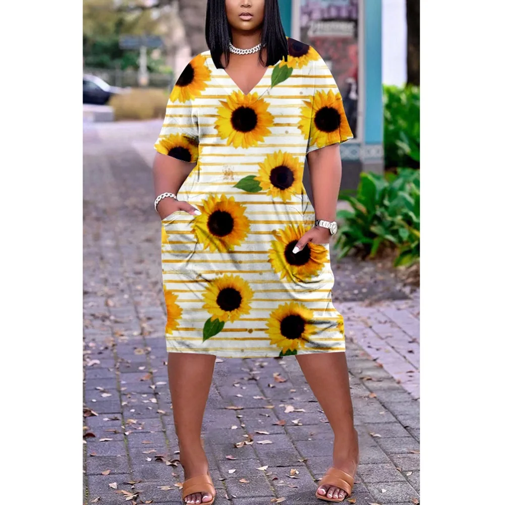 

Sun Flower Print Mid-length Dress Women's Fashion Bohemian Beach Dress Pocket Gothic Short Party Dress Elegant Sexy Sun Dress