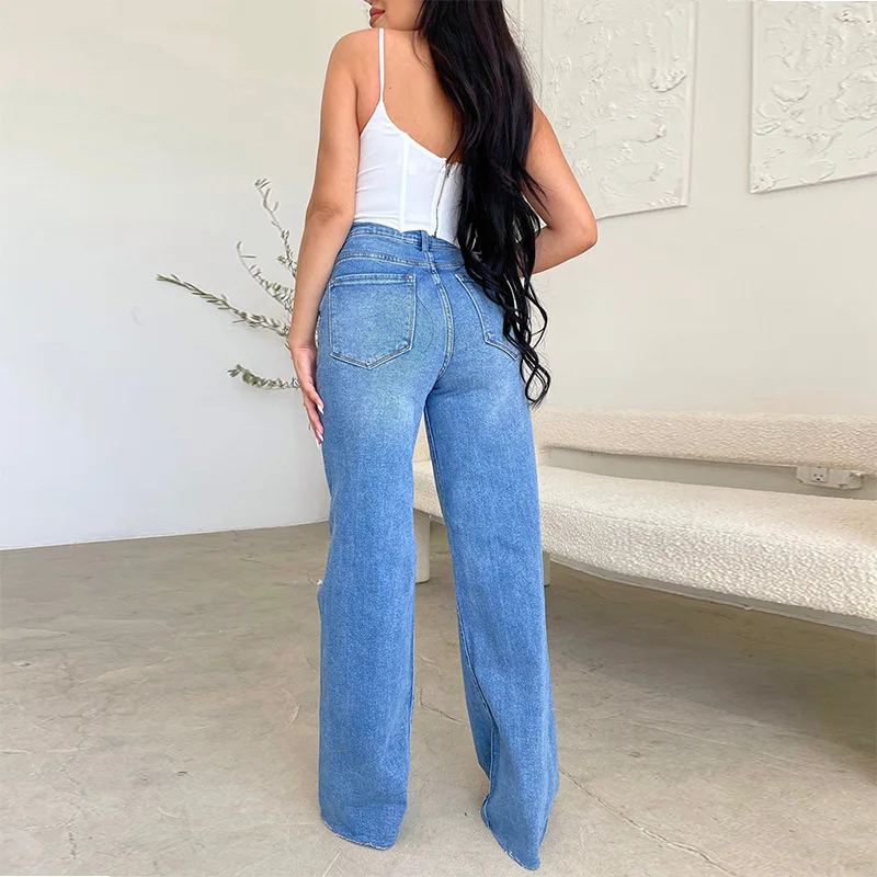 Women's Jeans High Waist Irregular Perforated Ragged Edge Wide Leg Pants Female Fashion Casual Pants Spring Trend Streetwear