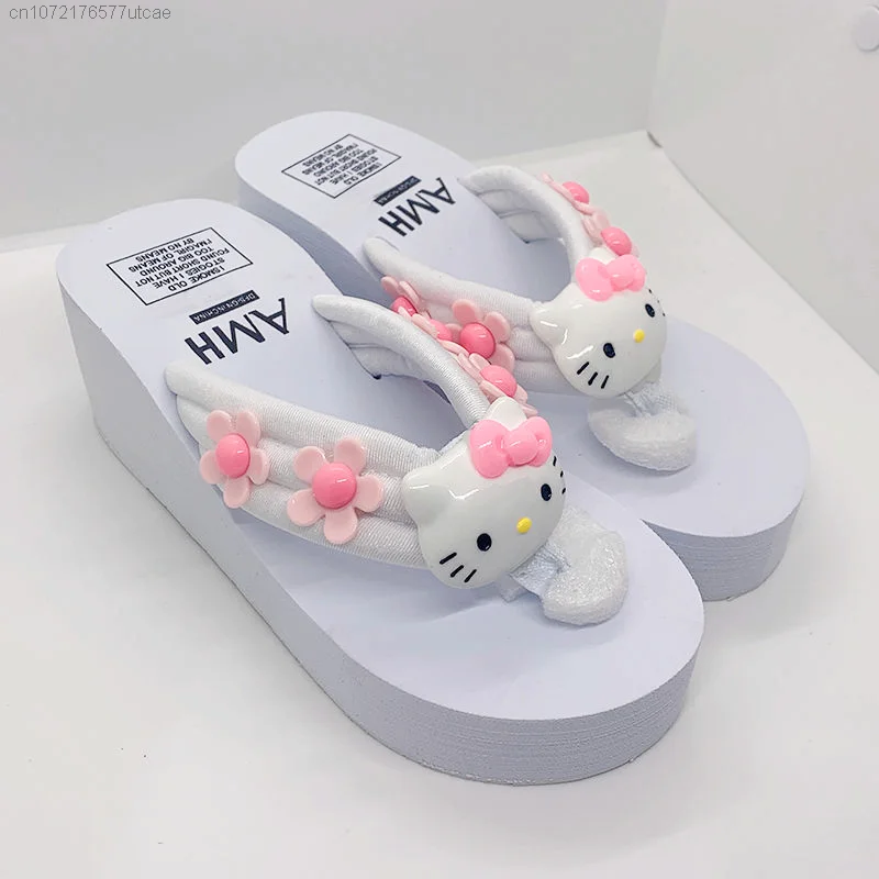 Sanrio Hello Kitty Trend Pink Flip Flops For Women Y2k Sweet Thick Sole Anti-slip Sandals Holiday Beach Slipper Casual Shoes
