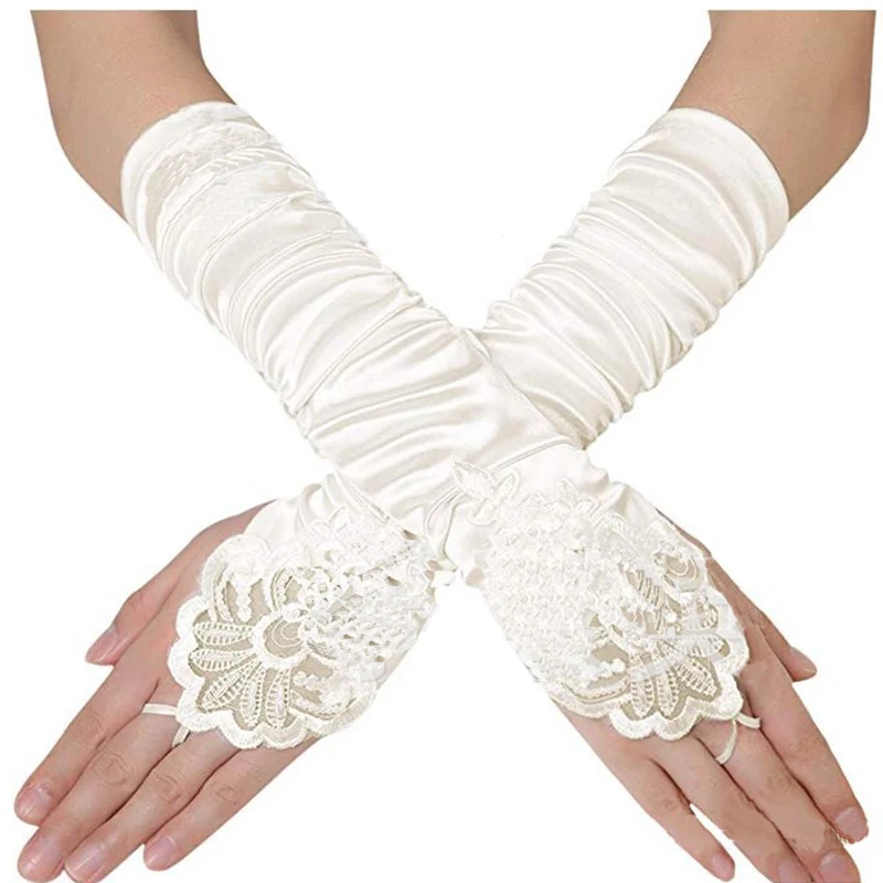 

Women'S Ultra-Thin Long Gloves Gauze Elbow Wedding Dress Gloves Satin Pleated Nail Bead Embroidered Fingerless Lace