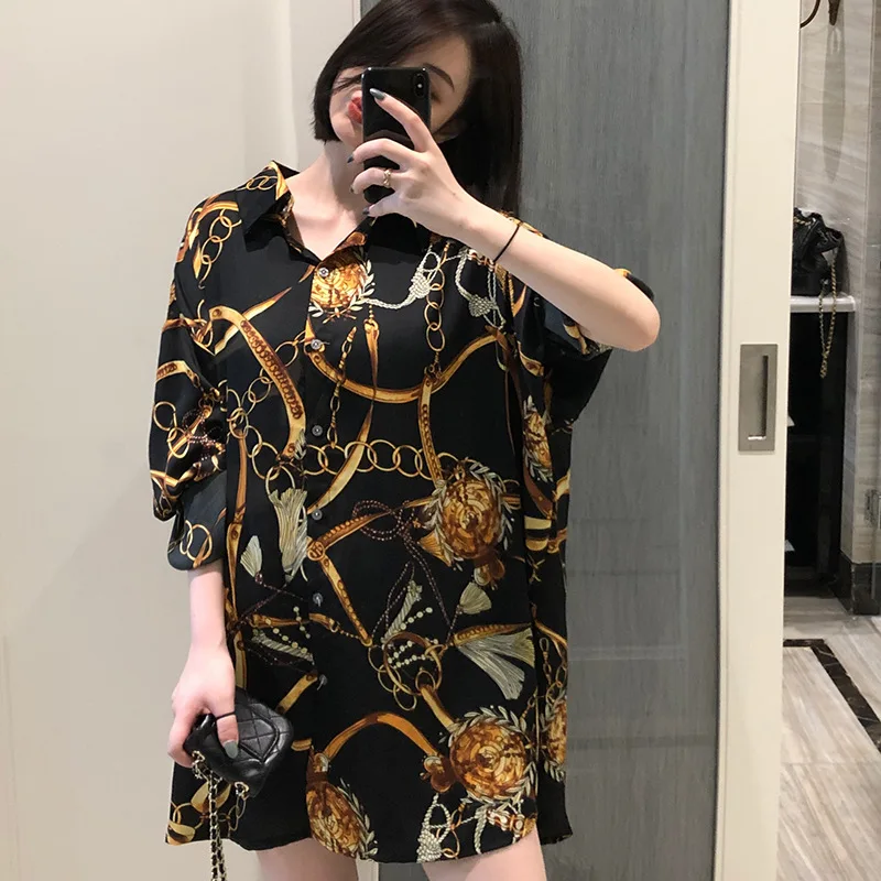 

Satin Chain Printed Cardigan Long Blouses 2020 Autumn women chiffon Blouse Long sleeve Loose Tops Shirts Blusas Mujer Black Top