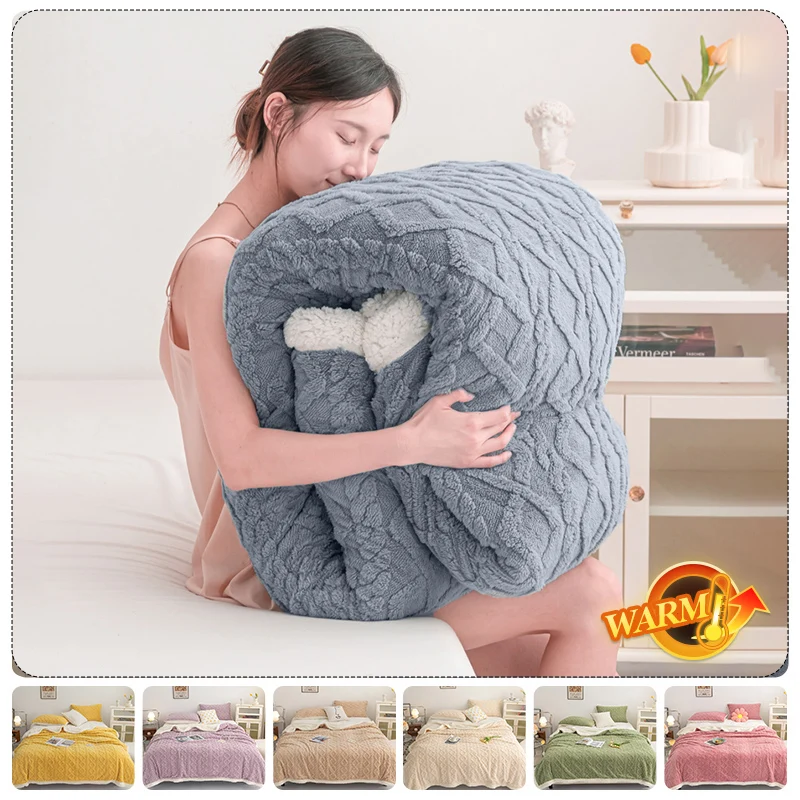 

New Thick Bed Blankets Winter Warm Double Sided Fleece Plaid Blanket For Living Room Soft Lamb Cashmere Fleece Bed Covers Home