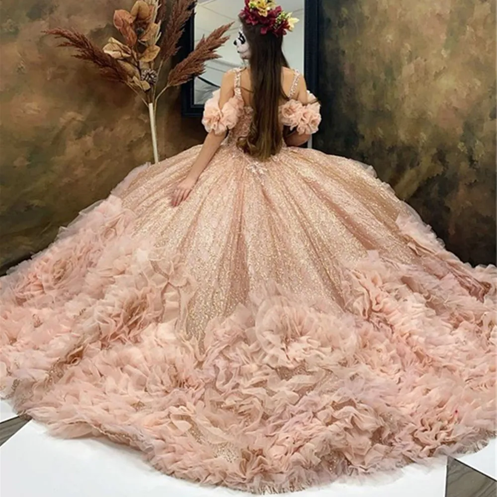 

Sparkly Sequined Quinceanera Dresses With Beads Off Shoulder Ball Gown Sweet 16 Dress Ruffles Vestidos De 15 Anos Lace-Up Custom
