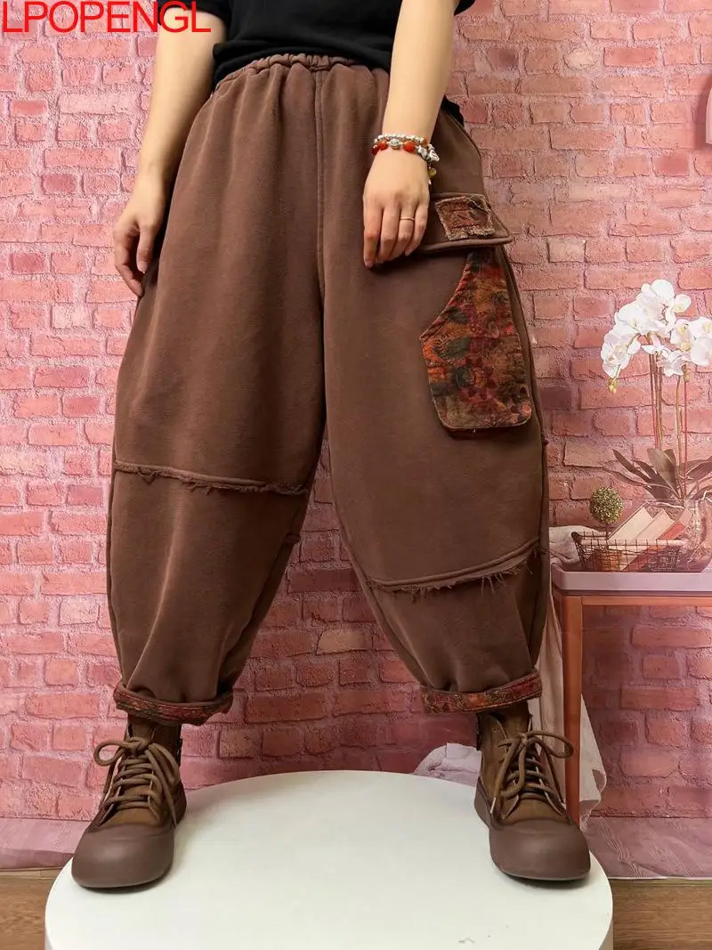 

Осенне-зимние Бархатные и утепленные вязаные шаровары, женские теплые Свободные повседневные уличные брюки с карманами и кулиской