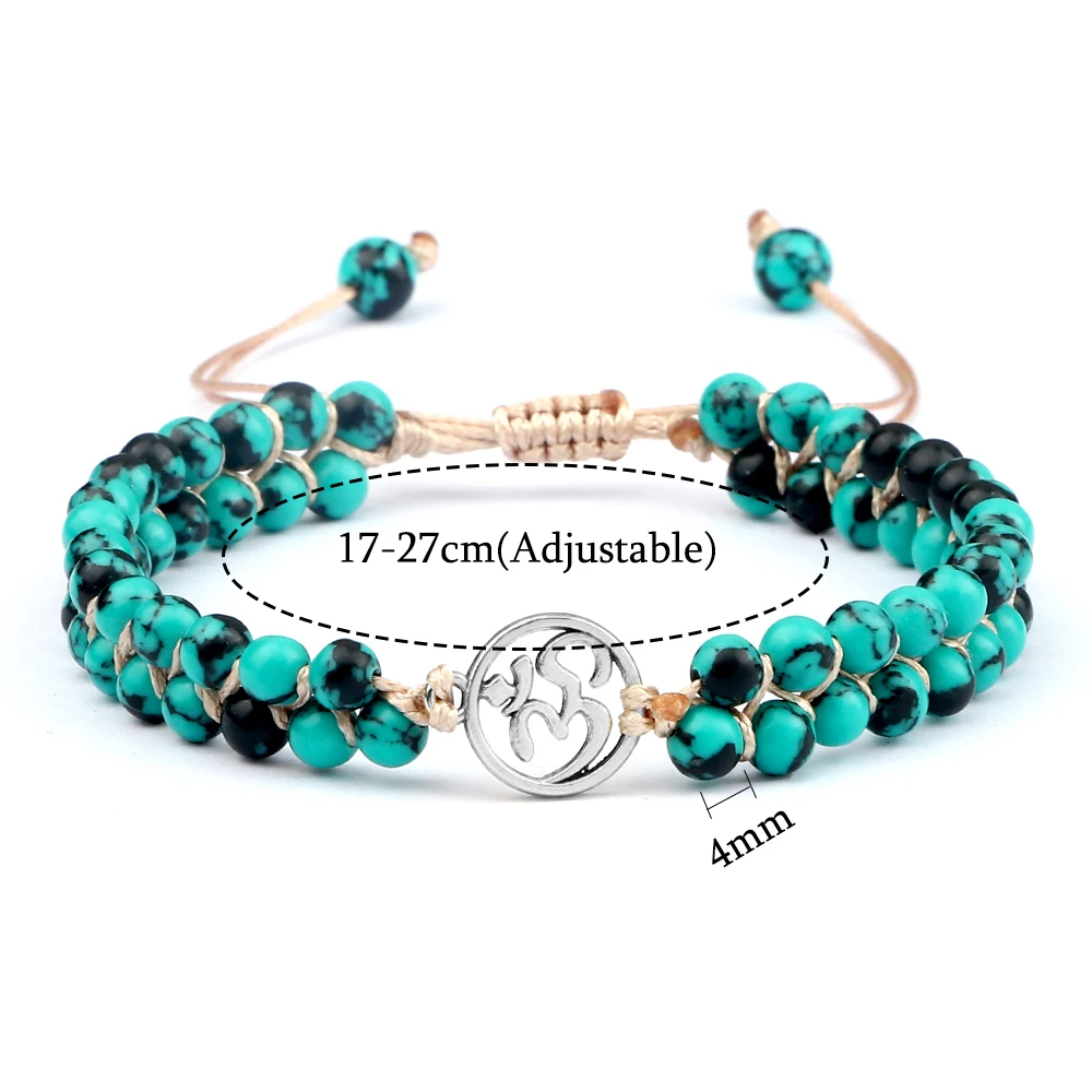 Двухрядный плетеный браслет 4 мм из зеленого и черного натурального камня