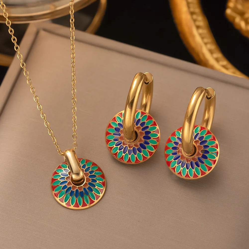 

316L Stainless Steel Vintage Painted Daisy Necklace Enamel Round Gold Color Hoop Earrings for Womens Fashion Jewelry Gifts