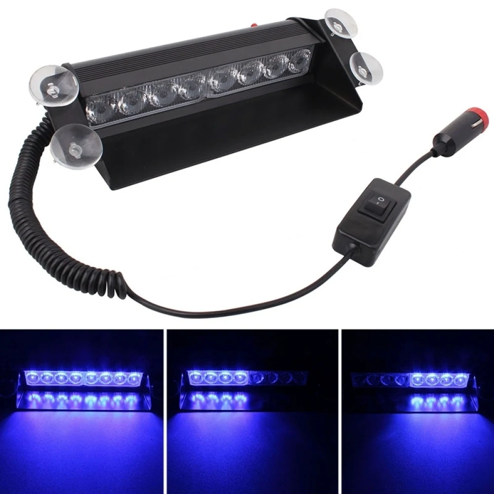 

8W 800LM 8-LED Blue Light 3-Modes Adjustable Angle Car Strobe Flash Dash Emergency Light Warning Lamp with Suckers