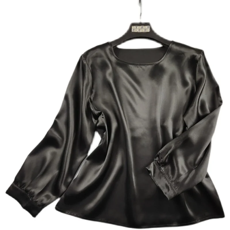 

New Nine Point Long Sleeve Pure Silk Shirt Simple Round Neck Ol100% Mulberry Silk Top Pullover T-shirt Versatile