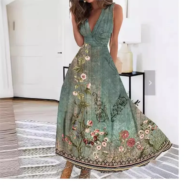 Elegancka damska sukienka imprezowa 2024 Summer Fresh V-neck High Waist Sleeveless Printed Sexy Dress Robe Femme É t é Vertidos Lon