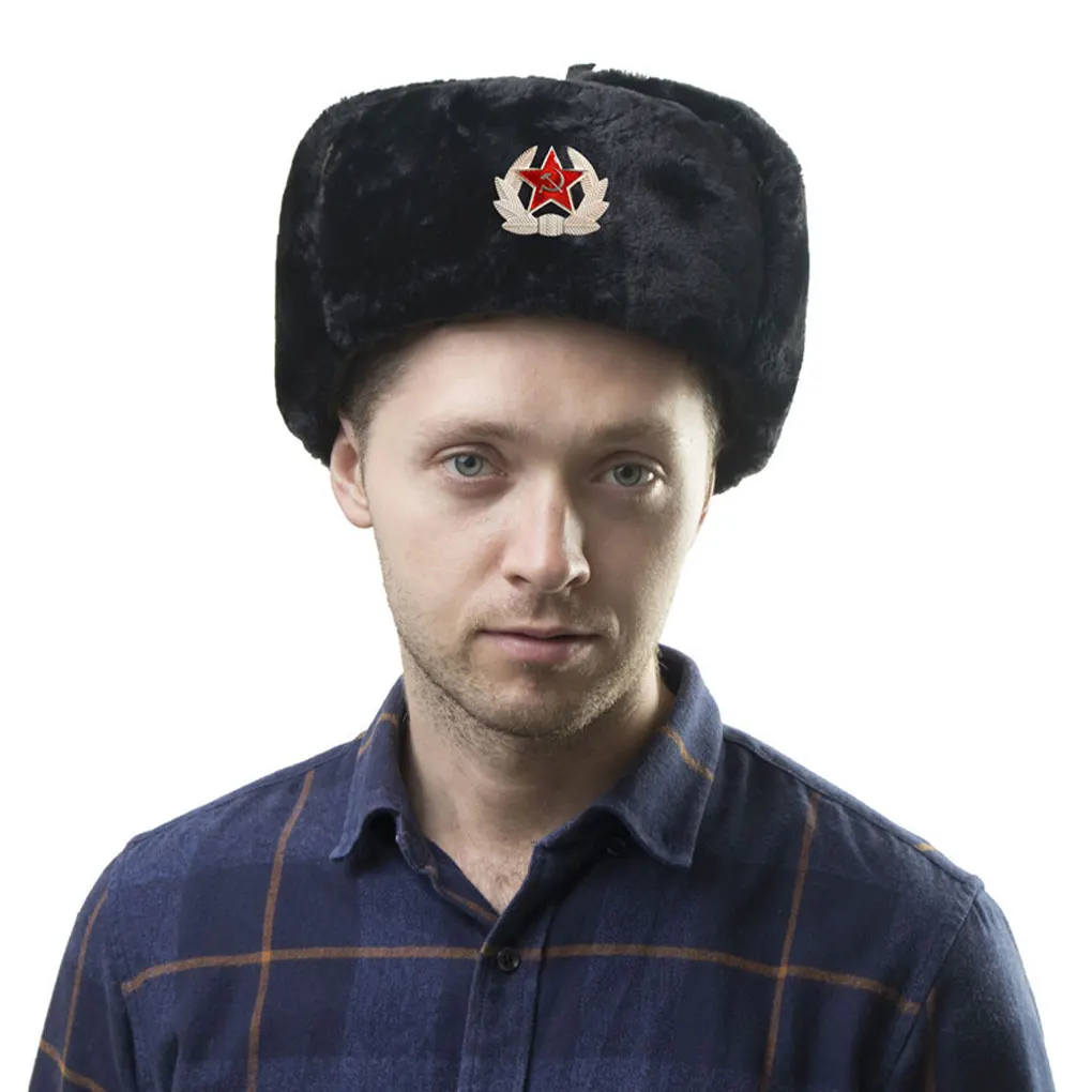 Черная зимняя шапка-солдат шапки-ушанки уютная в холодную погоду шапка мужская