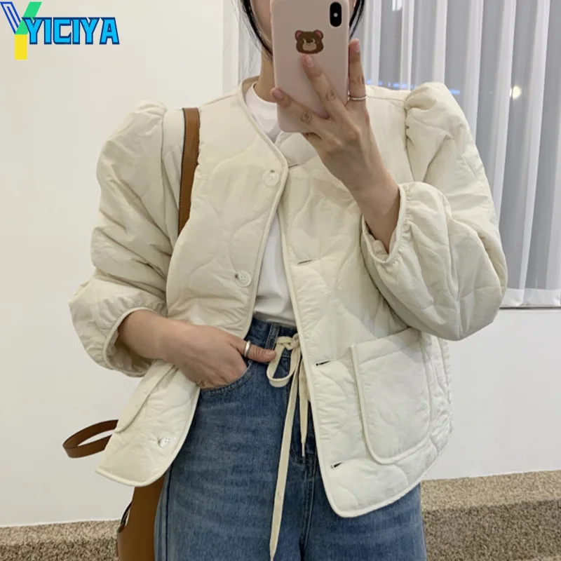 YICIYA Elegant Solid Short Jacket For Women 2023 New Autumn Winter Parkas Loose Fashion Casual V-neck Basic Coat Female Clothing