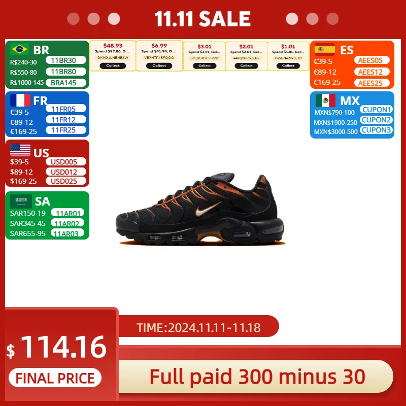 Мужские модные кроссовки Nike Air Max Plus TN Удобные и носимые Черный Оранжевый