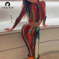 ingoo fashion striped tie dye print two piece set casual tracksuit women high stretchy pant and crop top long sleeve lounge sets