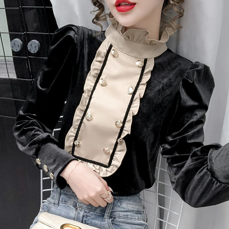 

Женская винтажная бархатная рубашка, черный двубортный бархатный топ в стиле пэчворк с рюшами и пуговицами, велюровые топы с рукавами-фонар...